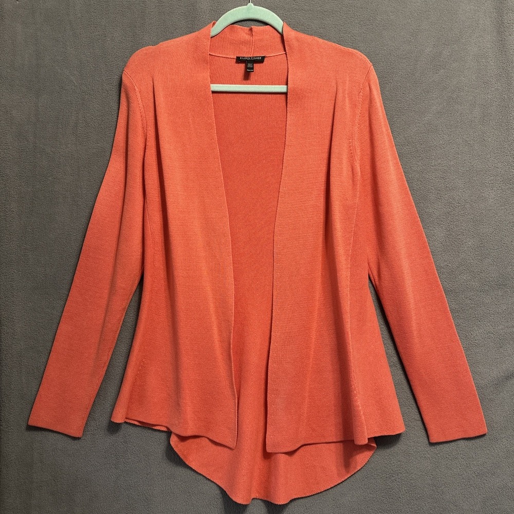 Eileen Fisher Open Cardigan Silk‎ Organic Cotton Knit Medium Petite Salmon Pink